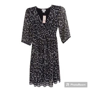 Motherhood dress black & gray dot faux wrap 3/4 sleeve with tie at waist…